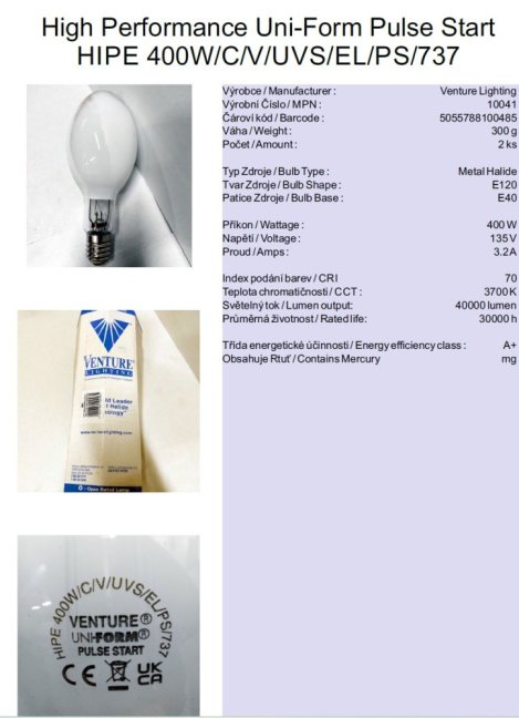 Venture Lighting Sustainability Uni-Form Pulse Start HIPE 400W/C/V/UVS/EL/PS/737,No.10041