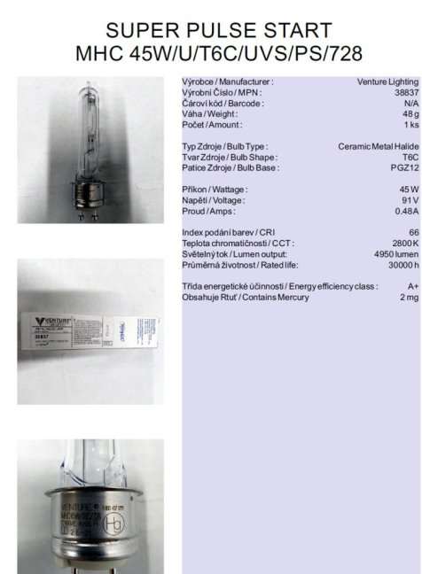 Venture Lighting SUPER PULSE START MHC 45W/U/T6C/UVS/PS/728,Nr.38837