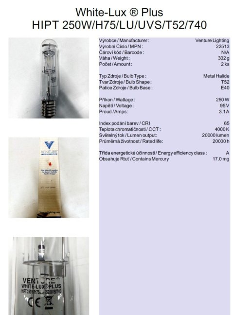 Venture Lighting White-Lux ® Plus HIPT 250W/H75/LU/UVS/T52/740,No.22513