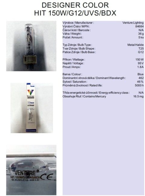 Venture Lighting DESIGNER COLOR HIT 150W/G12/UVS/BDX,Nr.84684