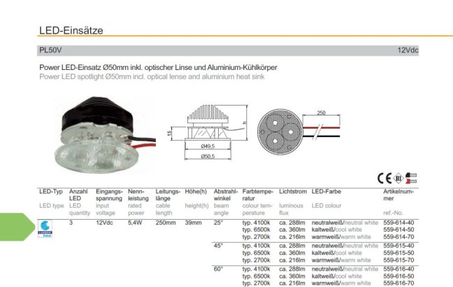 Drees LED-Einsatz Luxeon ø50mm 12VDC/5,4W-6500°K,Nr.559-616-50