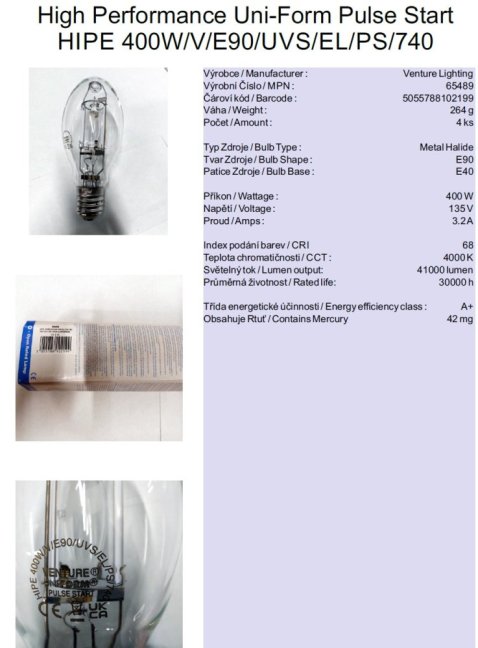 Venture Lighting Sustainability Uni-Form Pulse Start HIPE 400W/V/E90/UVS/EL/PS/740,Nr.65489