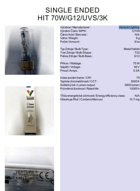 Venture Lighting SINGLE ENDED HIT 70W/G12/UVS/3K,No.12108