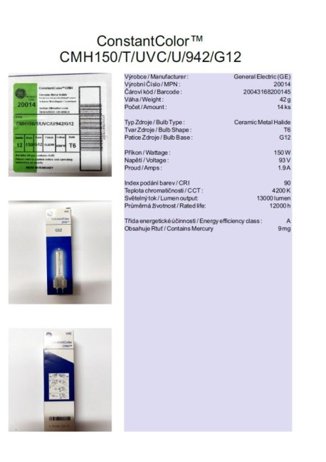 GE ConstantColor™ CMH150/T/UVC/U/942/G12, Nr.20014