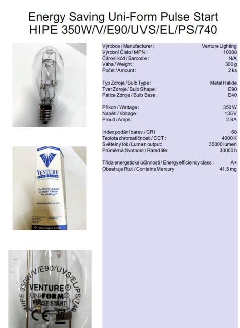 Venture Lighting Sustainability Uni-Form Pulse Start HIPE 350W/V/E90/UVS/EL/PS/740,No.10088