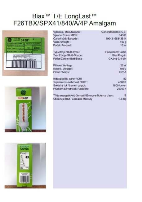 GE  Biax™ T/E LongLast™ F26TBX/SPX41/840/A/4P Amalgam, No.34381