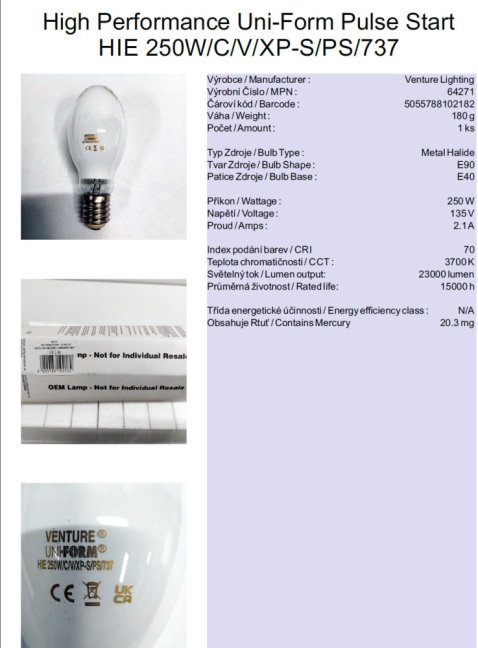 Venture Lighting Sustainability Uni-Form Pulse Start HIE 250W/C/V/XP-S/PS/737,No.64271