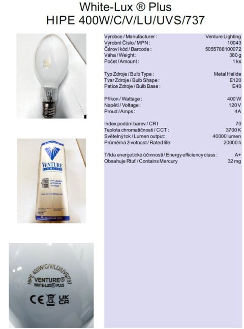 Venture Lighting White-Lux ® Plus HIPE 400W/C/V/LU/UVS/737,Nr.10043