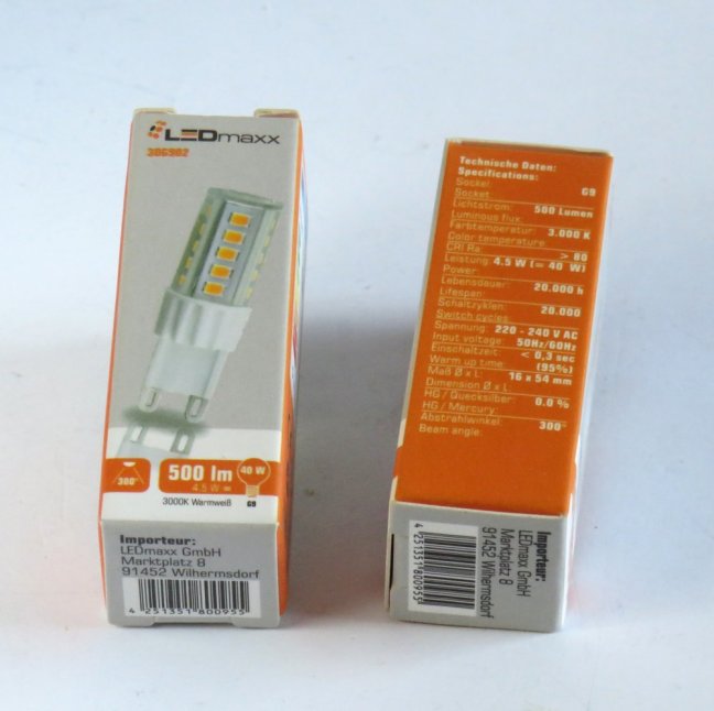 LEDmaxx 230V/4,5W-3000°K,G9,nicht dimmbar No.306902