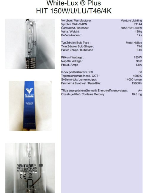Venture Lighting Sustainability Uni-Form Pulse Start HIT 150W/U/LU/T46/4K,No.71144