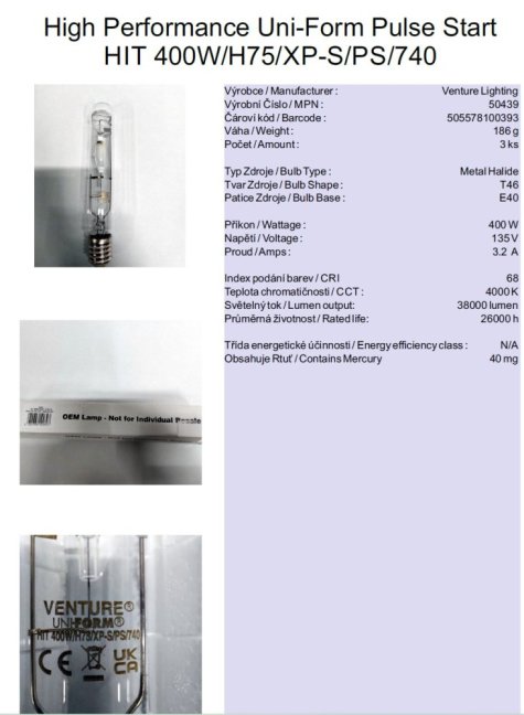 Venture Lighting Sustainability Uni-Form Pulse Start HIT 400W/H75/XP-S/PS/740,No.50439