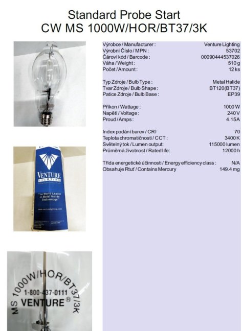 Venture Lighting Standard Probe Start CW MS 1000W/HOR/BT37/3K,No.53702