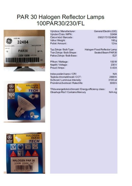 GE PAR 30 Halogen Reflector Lamps 100PAR30/230/FL,Nr.32484