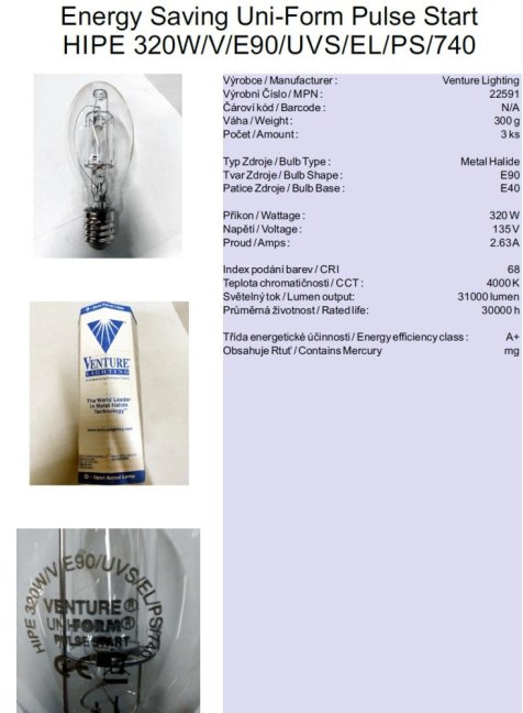 Venture Lighting Sustainability Uni-Form Pulse Start HIPE 320W/V/E90/UVS/EL/PS/740,No.22591
