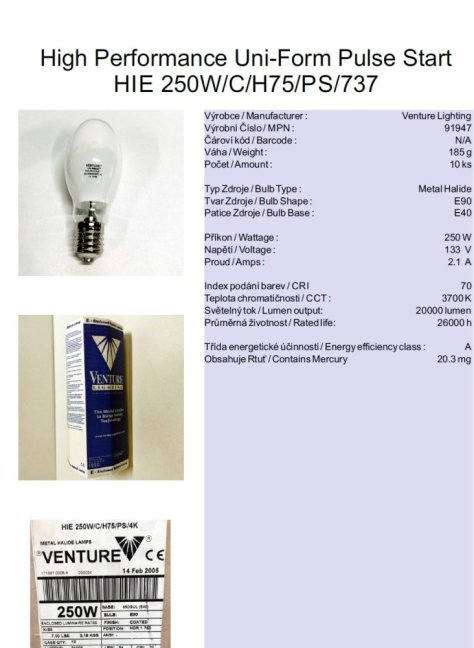 Venture Lighting Sustainability Uni-Form Pulse Start HIE 250W/C/H75/PS/737,No.91947
