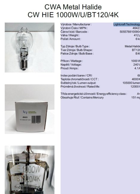 t Lightcraft Technology CWA Metal Halide CW HIE 1000W/U/BT120/4K,No.46423