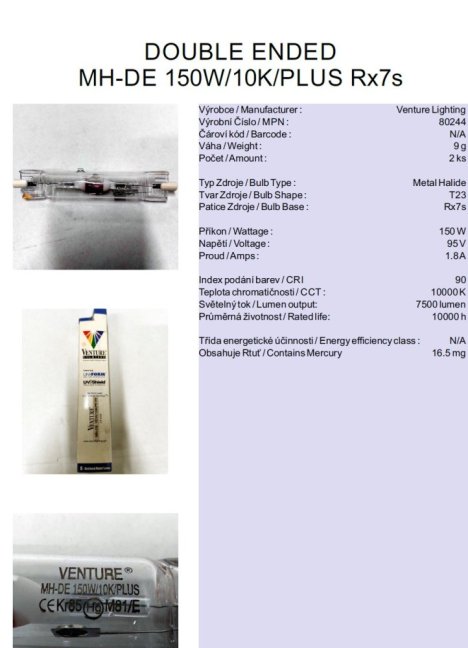Venture Lighting DOUBLE ENDED MH-DE 150W/10K/PLUS Rx7s,No.80244