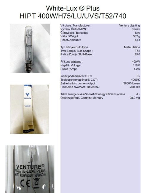 Venture Lighting White-Lux ® Plus HIPT 400W/H75/LU/UVS/T52/740,Nr.62475