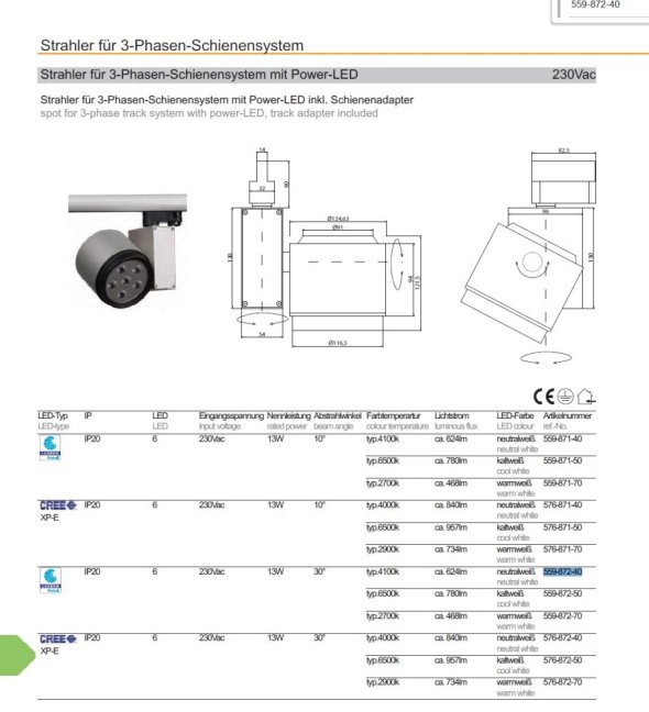 Drees LED 3f-Schienenstrahler 230V/13W-4000K/30°,Nr. 559-872-40