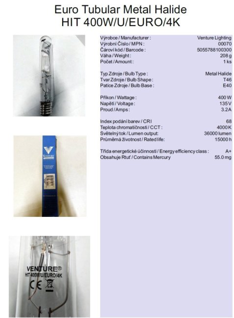 Venture Lighting Euro Tubular Metal Halide HIT 400W/U/EURO/4K,Nr.00070
