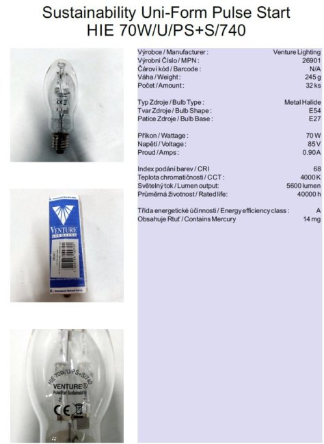 Venture Lighting Sustainability Uni-Form Pulse Start HIE 70W/U/PS+S/740,No.26901