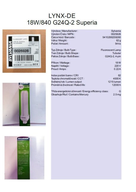 SYLVANIA LYNX-DE 18W/840 G24Q-2 Superia, Nr. 0025926
