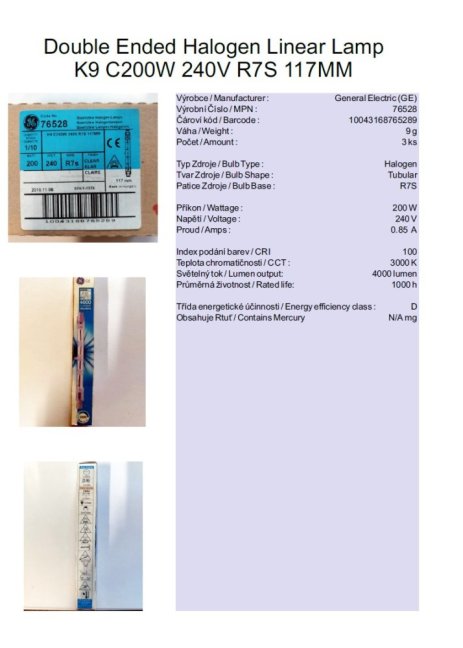 GE Halogen Linear Lamp K9 C200W 240V R7S 117mm, No.76528