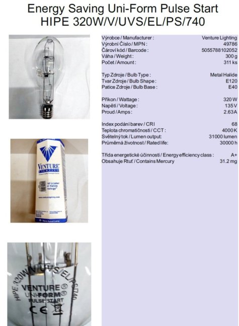 Venture Lighting Sustainability Uni-Form Pulse Start HIPE 320W/V/UVS/EL/PS/740,No.49786