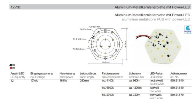 Drees LED Modul LUXEON 12VAC/DC,16,8W-2700°K,100x90mm,Nr.559-213-70