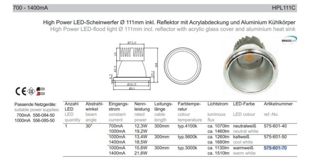 Drees Modul BRIDGELUX ø111mm - 1400mA/21,6W/3000°K,No.575-601-70