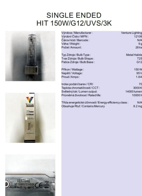 Venture Lighting SINGLE ENDED HIT 150W/G12/UVS/3K,Nr.12106