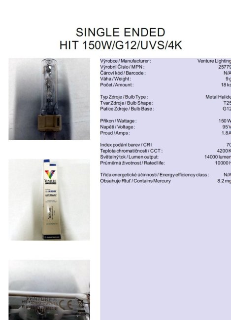 Venture Lighting SINGLE ENDED HIT 150W/G12/UVS/4K,No.25779