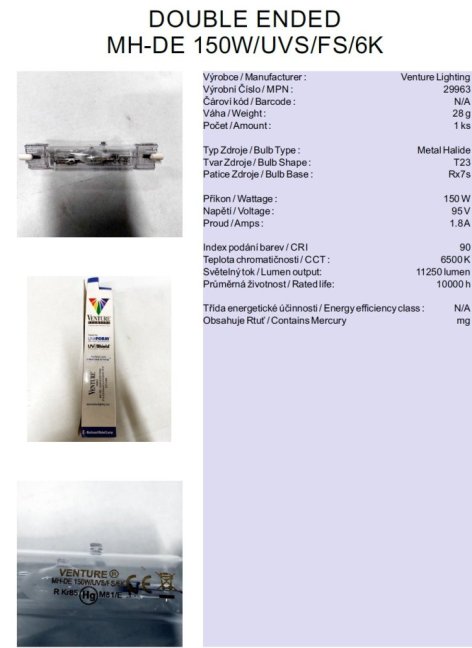 Venture Lighting DOUBLE ENDED MH-DE 150W/UVS/FS/6K,No.29963