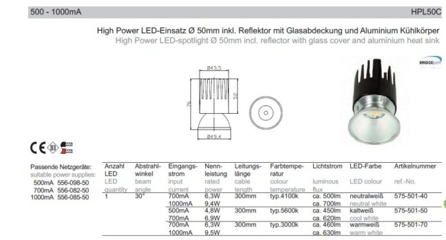 Drees Modul BRIDGELUX ø50mm 700-1000mA/9,5W/4000°K,Nr.575-501-40