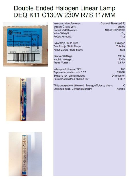 GE Halogen Linear Lamp DEQ K11 C130W 230V R7S 117mm, No.76209